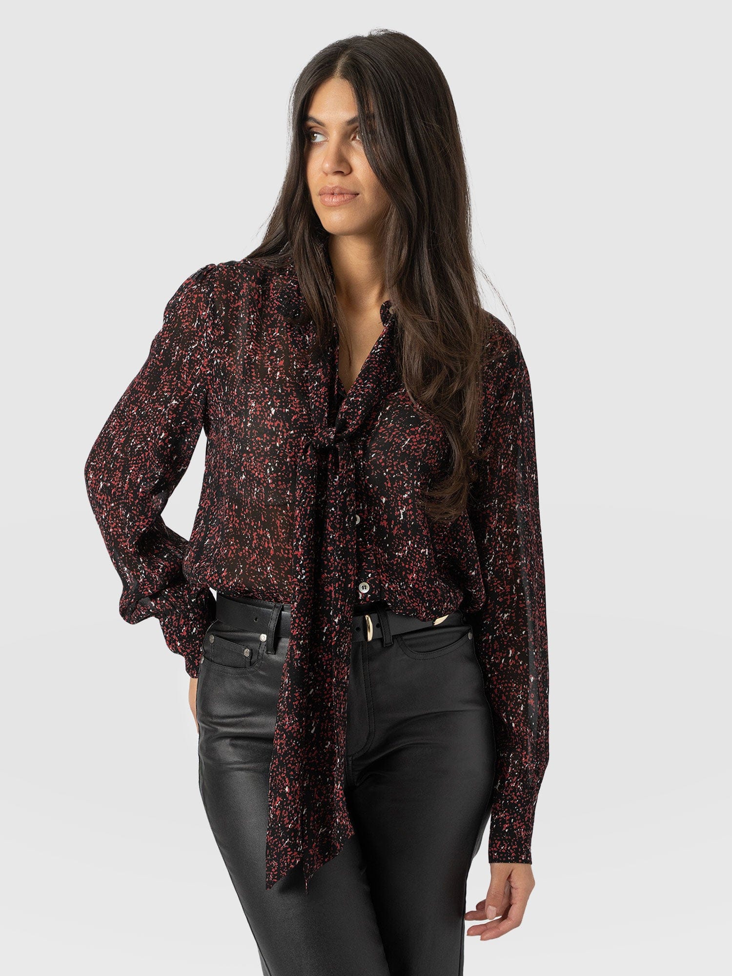 Paxton Pussybow Blouse - Red Ditsy Leopard